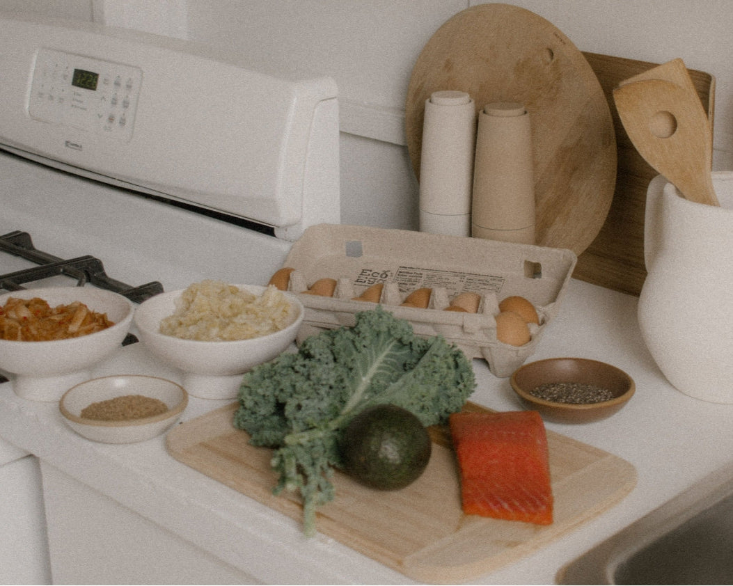 Foods for acne sitting on the counter waiting to be prepped for a meal
